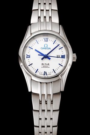  Omega De Ville Co-Axial White Dial Blue Scale/Pointer Stainless Steel Bracelet Lady Date Watch