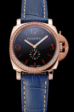 Panerai Radiomir Diamonds Bezel Blue Leather Strap Womens Swiss Made  Watch PN118
