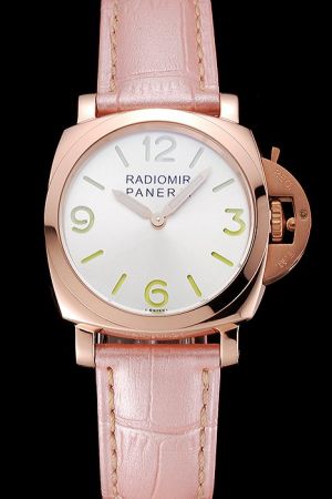 Panerai Radiomir Rose Gold Case White Dial Pink Leather Strap Women's Watch PN083