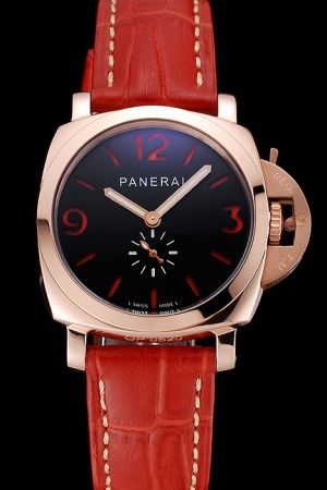 Panerai Radiomir Red Leather Strap Black Dial Womens Rose Gold Quartz Watch PN156