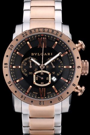 Bvlgari Diagono Professional Black Dial GMT Bezel Rose Gold 2-toned Stainless Steel Bracelet Watch BV063