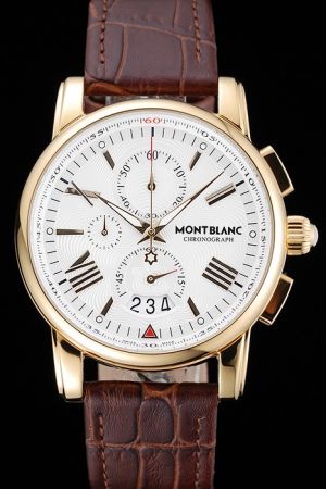 Montblanc Business White Dial Yellow Gold Case Brown Leather Strap Japanese Quartz Watch MO034