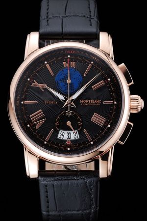 Montblanc 4810 Chronograph Black Dial Pink Gold Case Black Leather Strap Watch Quality Copy MO039