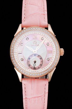 Lady Omega De Ville Prestige 34mm Rose Gold Diamonds Bezel Two-tone Dial Two-tone Second Display Sub-dial Pink Strap Watch