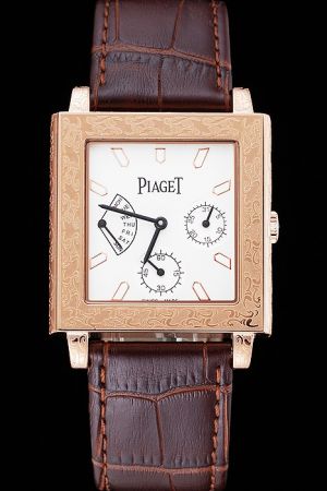 Piaget Emperador Rose Gold Square Paisley Case Luminous Index Hour Marker Baton Hand Three Sub-dials Brown Band Limited Watch
