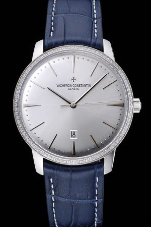 Vacheron Constantin Patrimony Ultra-thin Diamonds Bezel Silver-tone Dial Dots Stick Marker Blue Strap Watch