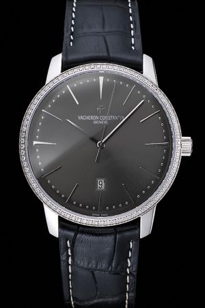 Vacheron Constantin Patrimony Ultra-thin Diamonds Bezel Grey Dial Slender Pointers Black Band Rep Date Watch