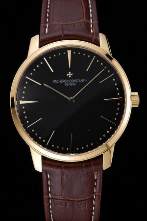 Rep Vacheron Constantin Patrimony Yellow Gold Case Dots Stick Scale Two Slender Pointers Black Face Watch 81180/000R-9162