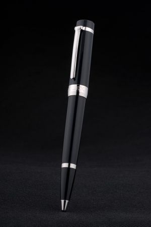 Rolex Black Lacquer Barrel Pen with Silver Rings High Quality Stainless Steel Cap Push Mechanism PE022