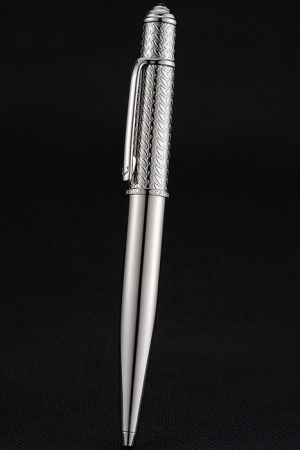 Cartier All Silver Ballpoint Pen Cap Engraved Push Mechanism Medium Black Point Excellent Writing PE052