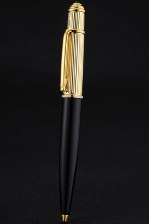 Cartier Gold Plated Vertical Engraving Cap Black Holder Ballpoint Pen Contemporary Writing Art PE054