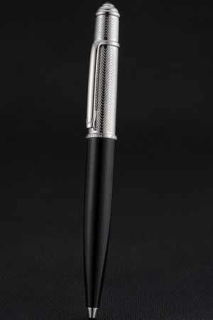 Cartier Black Holder Silver Wave Engraving Cap Ballpoint Pen Standard Craft Glossy Modern Look PE057