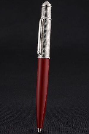 Cartier Red Holder Silver Tip Silver Wave Engraving Cap  Ball Pen Smooth Replaceable Refill PE058