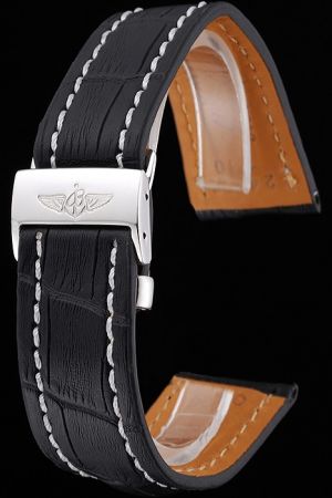  Simple Style Breitling Black Leather Stitching Strap with Silver Ardillon Buckle