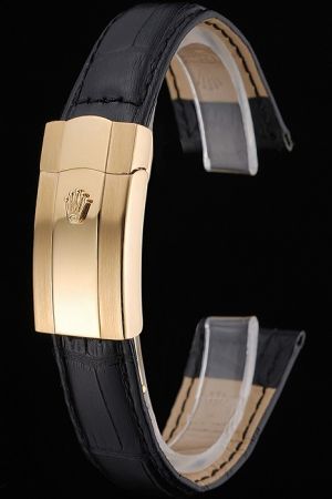 Rolex Classic Black Leather Strap with Gold Fold Over Clasp Replica