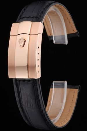Rolex Fashion Black Leather Strap with Rose Gold Safety Fold Over Clasp