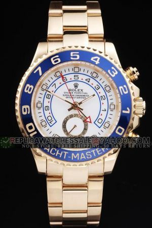 Luxurious Rolex Yachtmaster II Blue Cerachrom Rotating Bezel White Dial Regatta Countdown Pointer Date Sub-dial Rep Gold SS Watch