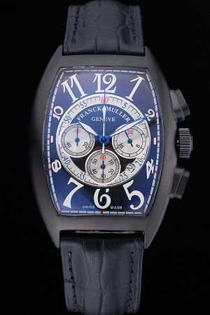 Franck Muller Geneve Casablanca 8885 C Cintree Curvex Blue Dial Black Case Black Leather Strap Watch Duplicated FM036