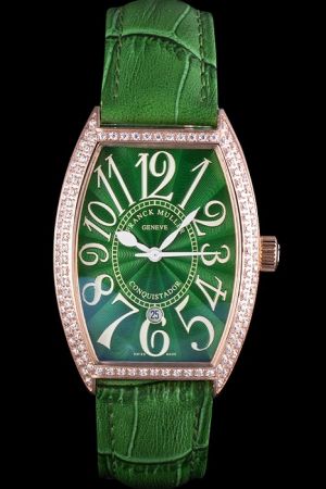 Franck Muller Conquistador Diamonds Casablanca Green Leather Strap Rose Gold Bezel Quartz Watch FM031