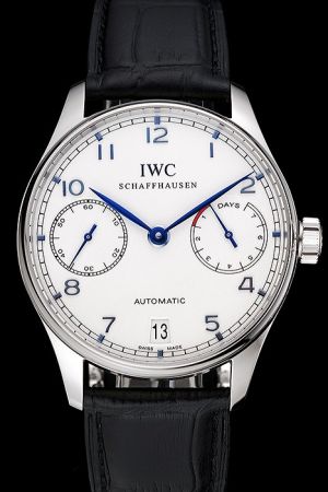 Men Fake IWC Portuguese Blue Arabic Marker Leaf-shaped Pointer White Dial Watch IW500705