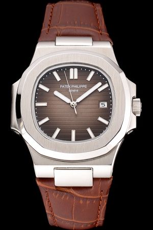 Patek Philippe Nautilus 50mm Brown Horizontal Stripe Dial Baton Scale Brown Strap Watch