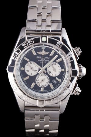Faux Breitling Chronomat Chronograph Black Dial Scale Bezel Stainless Steel Bracelet Watch AB014012-BA52