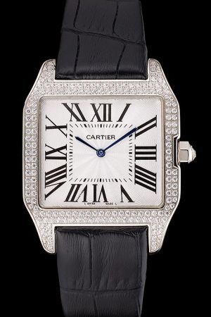 Cartier White Gold Santos Leather Wristband Nice Price Jewelry Watch KDT032 