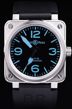 Bell & Ross BR 01-92 Limited Edition 500 pcs Silver Square Case Black Round Dial Blue Markers Watch BR010