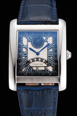 Men's Cartier Tank  White Gold SS 40mm Business Day Date Watch KDT254 Blue Leather Strap