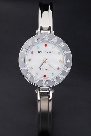 Bvlgari Graceful White Dial Colorful Jewels Marker Shinning Stainless Steel Bangle Women's Watch BV097