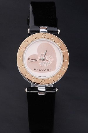 Bulgari B.zero1 White Dial Pink And Diamonds Heart Gold Bezel Black Leather Strap New Dress Watch BV010