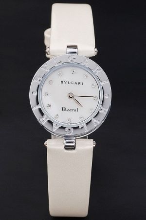 Bvlgari B.zero1 White Dial Diamonds Markers Stainless Steel Case White Leather Strap Watch Discounted BV019