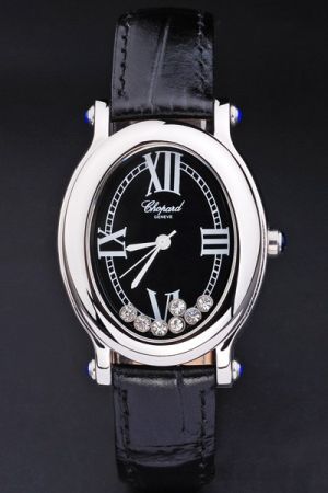 Chopard Happy Sport 278546-3001 Oval Moving Diamonds Black Watch Silver Case Luxury Style CP008