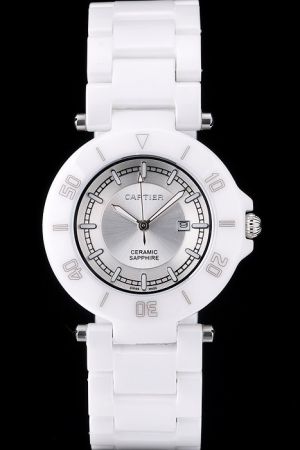 Cheap Cartier Pasha 39mm Silver Dial RefW3140002  White Ceramic Bracelet Watch KDT386 Small Size Timer