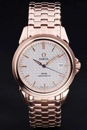 Men Omega De Ville Chronometer Silver Dial With Logos Pattern Blue Second Hand Rose Gold Steel Link Bracelet Watch