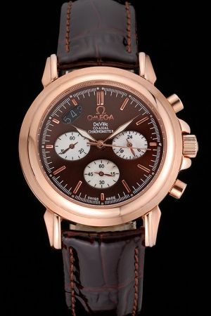 Omega De Ville Co-Axial Chronometer 18K Rose Gold Case Brown Dial/Strap Three Oval Sub-dials Losange Hand Rep Watch