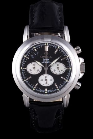 Men Omega De Ville Co-Axial Chronometer Rotund Silver Case Stick Marker Three Oval Sub-dials Losange Hand Date Watch