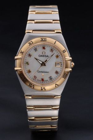 Lady Omega Constellation Gold Bezel With Roman Numerals Pearl Dial Coloured Diamonds Marker Luminous Hand Two-tone Bracelet Watch 123.20.38.21.08.001