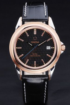 Omega De Ville Rose Gold Case Black Dial With Logos Pattern Blue Second Hand Black Strap With White Stitching Watch