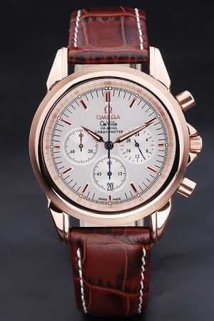 Rep Omega De Ville Co-Axial Rose Gold Case/Scale/Pointer Silver Dial Three Sub-dials Men Date Chronometer Watch