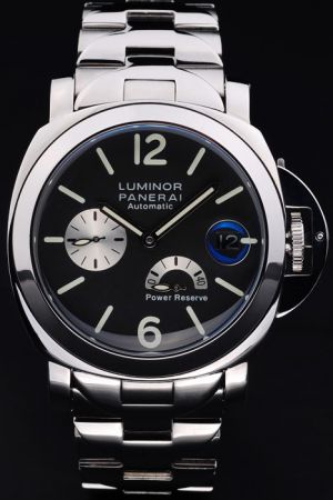 Panerai Luminor Black Dial Stainless Steel Bracelet Silver Sub-dial Power Reserve Automatic Watch PN016