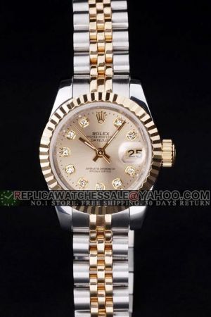 Fake 26mm Rolex Datejust Fluted Bezel Gold Dial/Pointer Diamonds Marker Two-tone Jubilee Bracelet Women Watch Ref.69173