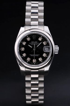26mm Rolex Datejust Rounded Case Black Dial Diamonds Marker Convex Lens Date Window SS Bracelet Women Watch
