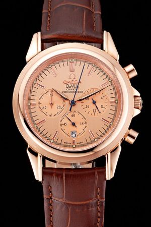 Rep Omega De Ville Co-Axial Rose Gold Case/Dial/Scale/Pointer Three Sub-dials Blue Second Pointer Quartz Watch
