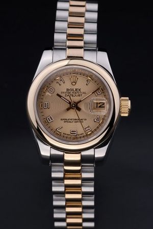 Ladies Rolex DateJust 26mm Round Gold Bezel Concentric Pattern Dial Arabic Scale Convex Lens Date Window 2-Tone Bracelet Watch