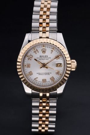Women Rolex Datejust Oyster Perpetual Gold Fluted Bezel/Arabic Numeral Silver Concentric Pattern Dial 2-Tone Jubilee Bracelet Watch