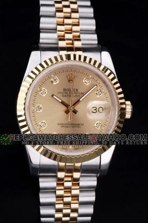 Luxury Rolex DateJust Round Fluted Bezel Gold Dial Diamonds Marker Luminous Stick Index 2-Tone Jubilee Bracelet Wedding Watch