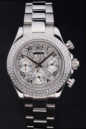 Rolex Daytona SS Case/Bracelet Full Diamonds Bezel/Dial Roman Hour Scale Three Sub-dials Chronograph Ladies Watch
