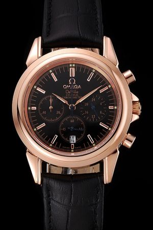 Omega De Ville Co-Axial Chronometer Rose Gold Case Black Dial Stick Scale Two Pointers Three Sub-dials Men Watch