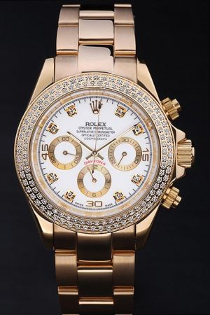 Rolex Daytona Chronograph 18K Yellow Gold Case/Pointer/Bracelet White Dial Diamonds Bezel/Marker Luxurious Watch Replica